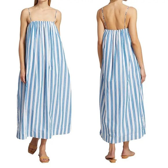 Ganni Striped Organic Cotton Spaghetti Strap Maxi Dress Blue White Size: 2 NWOT - Picture 11 of 11